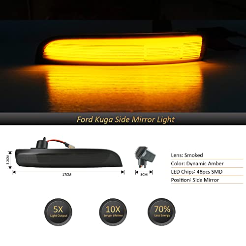 D-Lumina Smoked Lens Side Mirror Marker Light Sequential Amber Compatible with 2013-2018 Fo-rd Kuga Escape Ecosports, 2012-2018 Focus ST RS, 2013-2017 C-Max, Side Marker Blinker Turn Signal Light by D-Lumina - Image 2