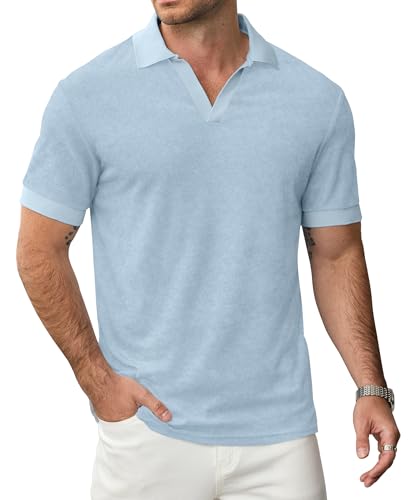 VOGSTART Man Casual Shirt Textured Solid Tops Loose Fit Johnny Collar Vintage Fashion Retro Wicking Stretch Ribbed Cuffs Golf Polo Tshirt Light Blue XXL