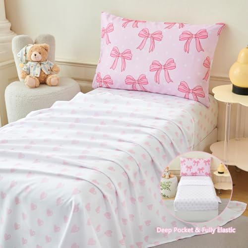 Image of PERFEMET Twin Bedding Sets for Girls 4 Pieces Pink Bow Comforter Set for Kids Teen Soft Lightweight Princess Girly Bed in a Bag with Sheets for All Seasons(Bow, Twin)