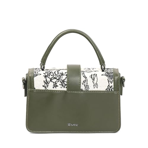 Image of EXOTIC Rosetta Structured Sling Bag for Women | Printed Panel Handbag with Top Handle & Detachable Crossbody Strap | Multi-Compartment Satchel Purse