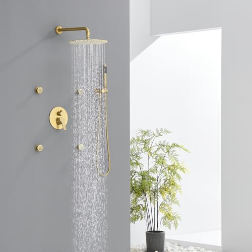 Iriber Brushed Gold Round Rain Shower System with 4 PCS Body Jets 3 Function Shower Faucet Set Contain 12 Inch Shower Head and Handheld Wall Mounted Champagne Bronze Shower Trim Kit (Valve Included)