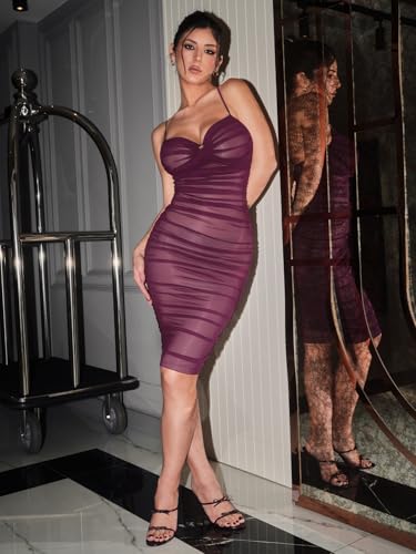 Image of Women's Summer Ruched Mesh Bodycon Midi Dress, Built-in Bra and Shapewear, Deep V-Neck and Spaghetti Straps