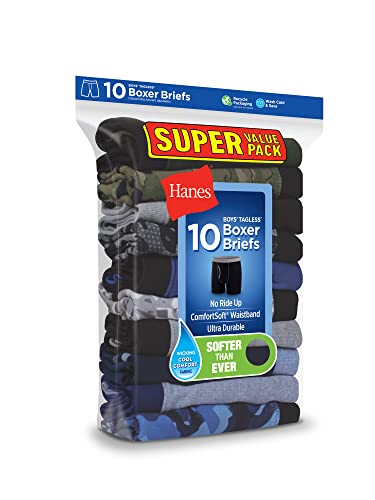 Hanes Boys' Boxer Briefs, 10-Pack, Boys Cotton Underwear, Moisture-Wicking Cotton Boxer Briefs, 10-Pack Large, (Colors May Vary) #TOP3