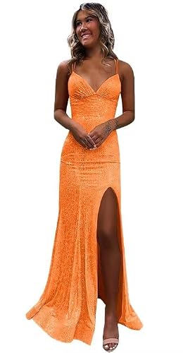 Lvloet Backless Orange Prom Dresses Spaghetti Strap Long Sparkly V Neck Sequin Mermaid Formal Evening Party Gowns with Slit Size 12