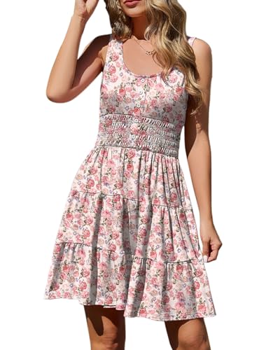 Image of Summer Dresses for Women Casual Sleeveless Sundresses Elastic Waist Mini Sun Dress