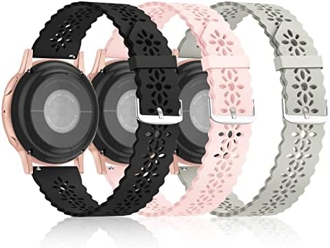 Bandiction 3 Pack Lace Silicone Bands 20mm Compatible for Samsung Galaxy Watch 4 Classic 42mm 46mm/Watch 4 40mm 44mm/Watch 3 41mm/Active 40mm/Active 2 40mm 44mm, Slim Thin Wristband for Women