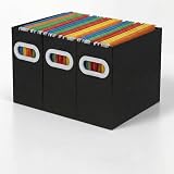 Papertide Hanging File Organizer Box, 3 Pack Black Cardboard File Folder Holder for Letter Size, Portable Desk Document Storage with Handles, for Office,Home,School