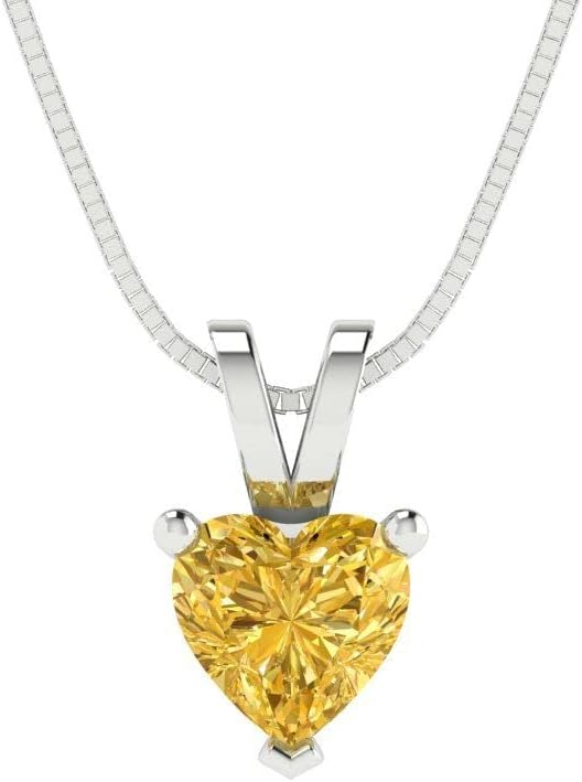 Clara Pucci 14K White Gold Plated Solitaire 18" Box-Chain Necklace - Sterling Silver 0.5ct Heart Cut Citrine Pendant
