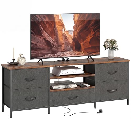 HOMCOM Meuble TV 140 cm avec Station de Charge, 5 tiroirs en Tissu, étagères Ouvertes et Cadre en Acier, Meuble télé pour Salon, Chambre, Banc TV jusqu'à...