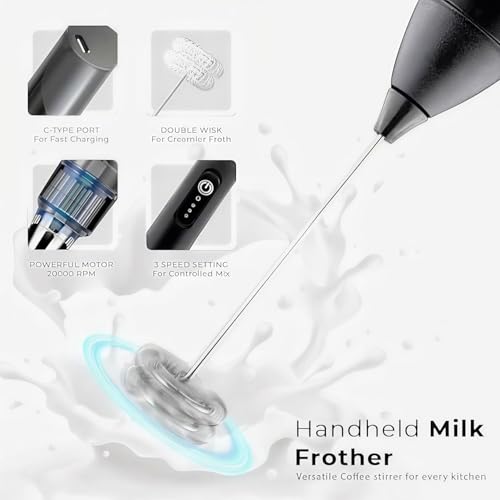 Image of Electric Milk Frother Handheld, Frother Wand for Coffee Drink Mixer Matcha Whisk, Foam Maker for, Frappe Hot Chocolate, Cappuccino, Lattes - Battery Operated (Onyx Black)