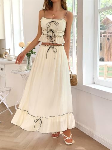 2025 Summer 2 Piece Maxi Skirt Set for Women Y2k Bow Tie Crop Top Flowy Ruffle Tiered Dress Vacation Beach Outfit2