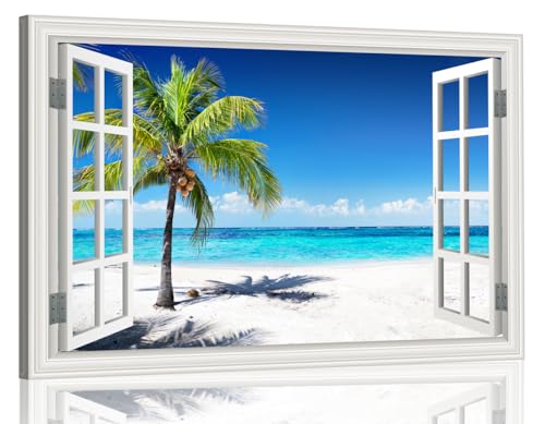 Ocean Wall Art Beach Picture for Living Room White Window Frame Style Palm Tree Art Print on Canvas Large Blue Sea View Painting Artwork for Bedroom Home Office Decoration, Ready to Hang(32"×48")
