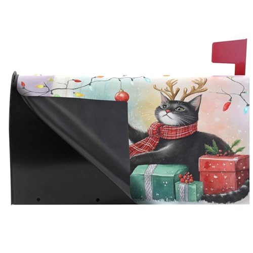 Image of Christmas Cat Kitty Magnetic Mailbox Covers Winter Snowflake Xmas Reindeer Mailbox Cover Over Size Full Magnet Garden Yard Porch Mail Boxes Cover Holiday Decorations 25 inch L x 21 inch W
