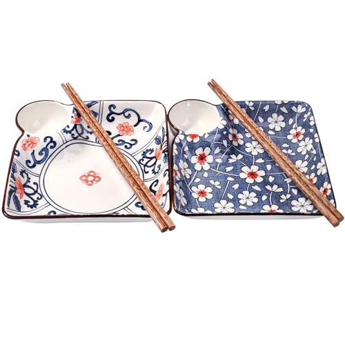Swlthwen Japanese Style Sushi Dumpling Plate and Chopstick Set of 2 Ceramic 7.1 Inch Gyoza Plates Snack Plate with Vinegar Dish (color B)