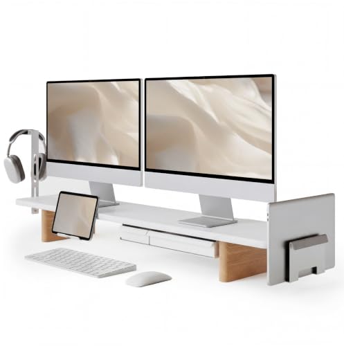 Fenge Dual Monitorständer mit 2 Herausnehmbaren Schubladen,Weiß