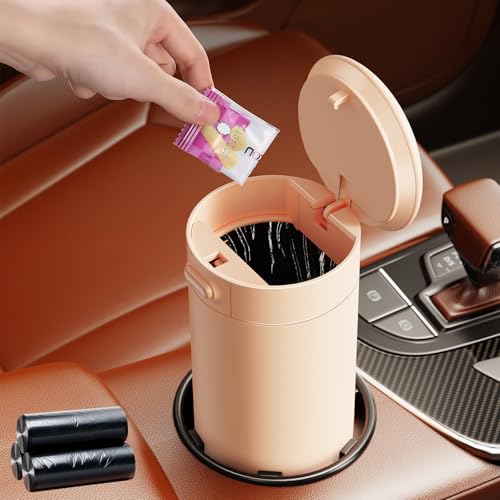 Mini Car Trash Can with Lid, Cup Holder Small Trash Can for Car, Garbage Can Front Seat/Door Accessories for Women with 45pcs Trash Bag, Vehicle Automotive Trash Can/Garbage Bin