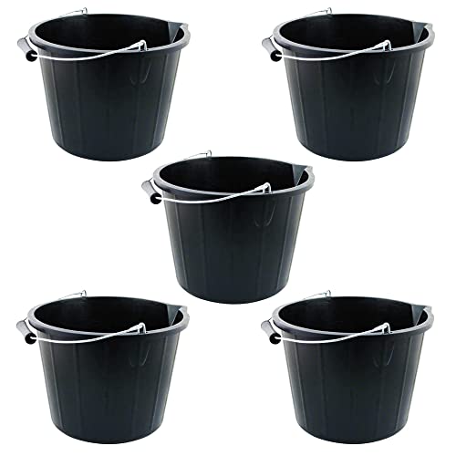 Set of 5-14L Litre Plastic Builders Bucket 3 Gallon Storage Bucket Construction Bucket With Metal Handle & Spout For Cleaning Animal Feed Mixing Home/Garden - Made in UK (Black)