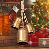 Christmas Bells for Decoration, Set of 3 Rustic Vintage Gold Bell Country Harmony Lucky Metal Cowbells with Hemp Rope for Christmas Tree Wreaths Doors Windows Decorations