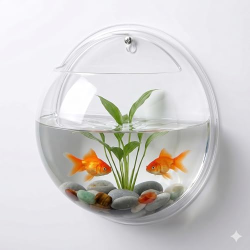 Image of MATS Acrylic Wall Mounted Aquarium Bowl for Betta Fish & Plants - Modern Hanging Fish Bowl Wall Planter for Home Decoration (19.5 x 19.5 x 8 cm)