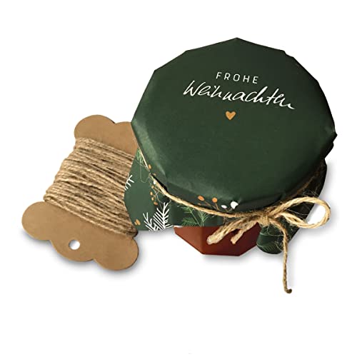 25 Marmeladendeckchen - Frohe Weihnachten - Gläserdeckchen grün für Marmelade, Marmeladengläser & Einmachgläser, Recyclingpapier Abreißblock + 10 m Jute Garn + Justiergummi, Beeren & Tannenzweige