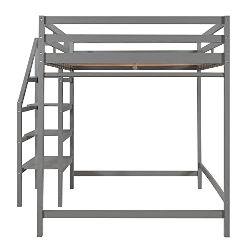 Aleyha Full Size Loft Bed,Material:pine Wood+Mdf,Overall Product Dimension:80.6''L*72.5''W*66.8''H,With Built-In Storage Staircase And Hanger For Clothes,Gray #TOP5