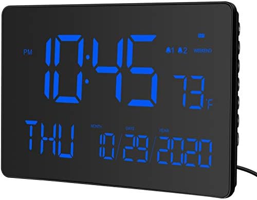 KADAMS Large LED Digital Wall Clock, 10 inches - Dual Alarm Clock - Indoor Temperature - Calendar Display - Adjustable Brightness - Night Display - Dual Mounting Options (Blue)