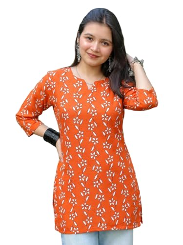 Image of Pinkmint Women's Printed Cotton Blend Short Kurti l All Over Printed V-Cut Neckline Casual Wear Tunic Top's l Ethnic Top's for Girls
