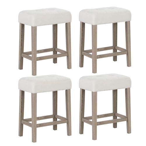 Image of Giantex Sherpa Bar Stools Set of 4, 24 inch Counter Height Kitchen Bar Stools with Cushioned Seat, Footrest, Solid Rubber Wood Legs, Farmhouse Upholstered Barstools for Kitchen Island
