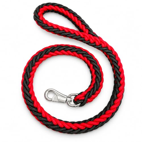 Image of Dog Leash Heavy Duty, Braided Nylon 120 cm Long and 3 cm Wide Dog Belt for Large Dogs and Medium Dogs, Walking Rope with Loop Handle and Swivel Metal Hook (Red and Black)