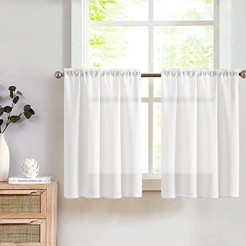 TOPICK White Kitchen Curtains Semi Sheer 24 Inch Drop Short Curtains for Small Window Weave Cafe Curtains Country Style Light Filtering Rustic Half Curtains for Sink Laundry Room Basement 2 Panels
