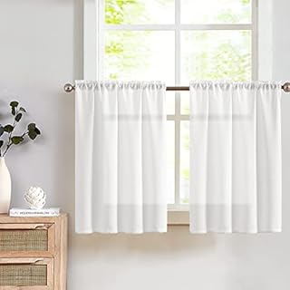 TOPICK White Kitchen Curtains Semi Sheer 24 Inch Drop Short Curtains for Small Window Weave Cafe Curtains Country Style Light Filtering Rustic Half Curtains for Sink Laundry Room Basement 2 Panels