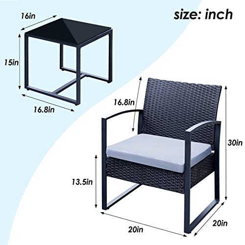 Viewee 3 Pieces Patio Rattan Sets, Modern Outdoor Furniture with 2 PE Rattan Chairs, 2 Thicker Cushions and 1 Square Metal Side Table for Indoor and Outdoor Porches, Decks and Balconies - Thumbnail 5