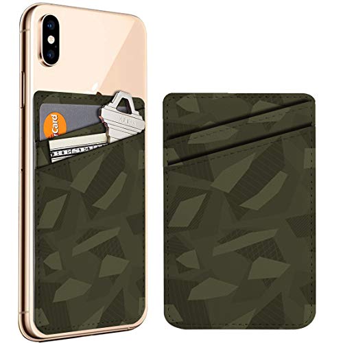 (Olive Green Striped) Cell Phone Stick On ID Credit Card Leather Holder Wallet Pocket Pouch Sleeve, Compatible with iPhone, Samsung Galaxy Android Smartphones