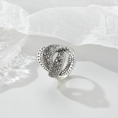 Image of Mytys Vintage Wide Ring Classic Black Marcasite Crystal Rows Statement Silver Chunky Rings