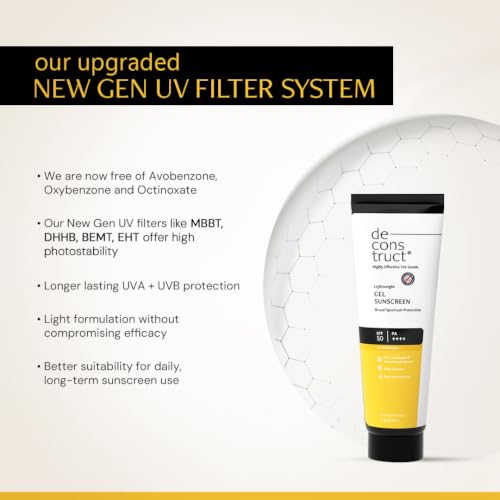 Image of Deconstruct Gel Sunscreen for Oily skin SPF 50 PA++++ |100% Photostable Sunscreen |4 New Gen UV Filters |In-Vivo |Lightweight, Airy, Non-greasy |For oily, combination, normal skin |For Men & Women 30g