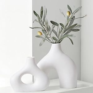 CEMABT White Ceramic Vase Set of 2 for Modern Minimalist Bohemian Decor，Round Matte Donut Vases for Pampas Grass-Perfect for Living Room, Dining Table, Office Bedroom Shelf Decor Christmas Day Gifts