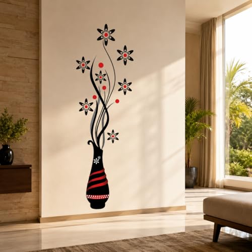 Image of DreamKraft Flower Vase Wall Sticker, 107 x 124 cm Large Black Red Floral Wall Decal for Living Room, Bedroom, Hallway and Home Decor, Peel and Stick Decorative Wall Sticker