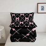 Feelyou Cute Bowknot Comforter Ribbon Bow Tie Bedding Set for Kids Boys Girls Dreamy Princess Comforter Set Black and Pink Quilt Set with 1 Pillowcase 2Pcs Bedding Twin
