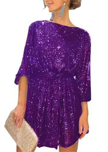 ORANDESIGNE Robe de Paillettes à Col V pour Femme Asymétrique Épaules Nues Chic Robe de Soirée Élégante Robe Mini Brillante Paillette Disco Casual Robe...