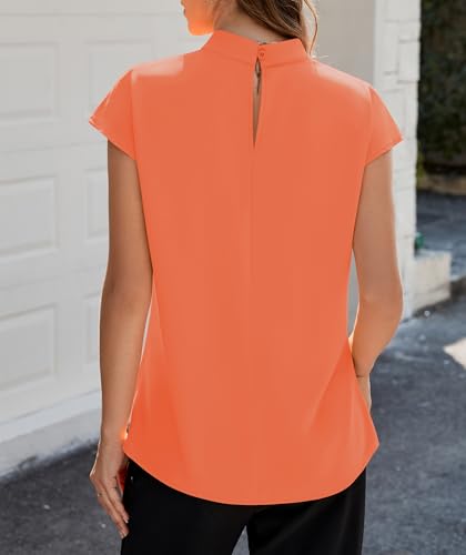 Image of Funlingo Womens Summer Tops Mock Neck Short Cap Sleeve Blouses Business Casual Work Chiffon Shirts Front Pleated Tunic Top