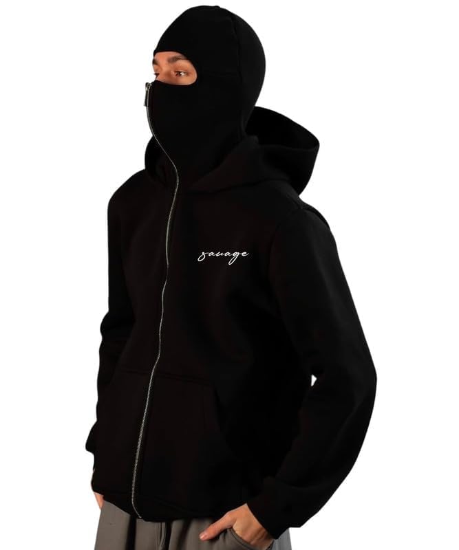 Image of BE SAVAGE Balaclava Zipper Hoodie for Men Heavyweight Ninja Hoodies for Men
