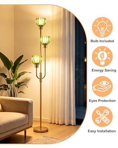 Image of 3-Lights Modern Glass Floor Lamp Gold Dimmable Floor Lamps with 3000K Warm White Bulbs for Wedding Party 66IN Tall Standing Lamp with Green Glass Shade for Living Room /Bedroom /Girls Room