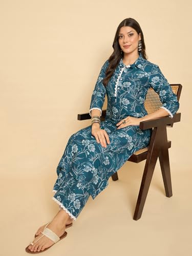 Image of SheWill Women Cotton Blend Floral Printed Straight Kurta with Mandarin Collar, Button Detailing, and 3 /4th Sleeves Paired with Matching Printed Pants