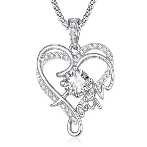 Faith Heart Necklace Gifts for Women - White Gold Birthstone Necklace, Wedding Anniversary Birthday Gifts for Her Wife Mom Daughter Grandma Sister