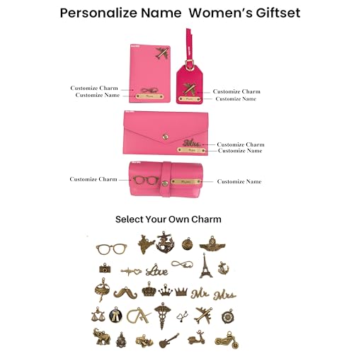 Image of AICA Personalized Name & Charm Passport Cover Holder Combo Giftset for Women (Dark Pink) | Customized Gifts Birthday Anniversary Wedding Marriage for Woman Women Girl Wife