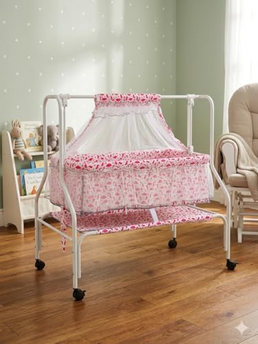 Image of Kiddery Auri | Cradle for Baby | New Improved Mattress Design | Mosquito Protection Net | Smooth Swing | All Wheel Lock | Palna | Jhula | Uyyala | 0-10 Months | Pink