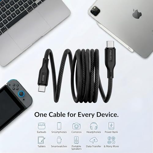 Image of PHILIPS DLC4150CB /94 65W Type-C to Type-C Fast Charging Cable (1.5m, Dark Slate) | Nylon Braided | Compatible with iPhone 15+ Series, USB-C iPad Models, Samsung Galaxy & All Type C Devices