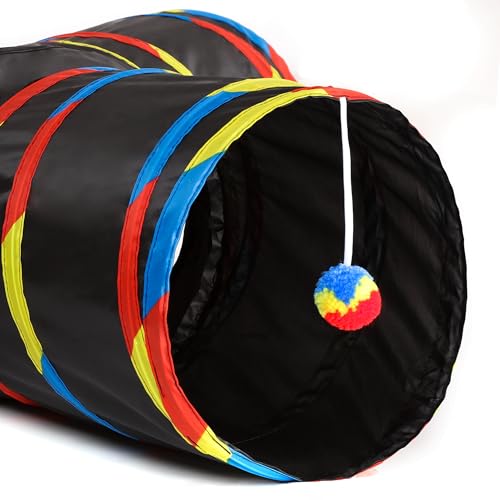 Image of Tempcore Cat Tunnel for Indoor Cats, 3 Way Collapsible Pet Play Tunnel with Teaser Wand, Peek Holes & Hanging Ball, Interactive Tube for Kittens & Rabbits, Black & Rainbow