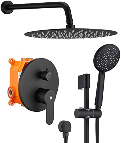 HIMK Shower System,10" Rain Shower Head with 5-Setting Handheld Shower Faucet Set,Slide Bar Shower Combo Set with Shower Valve,Matte Black