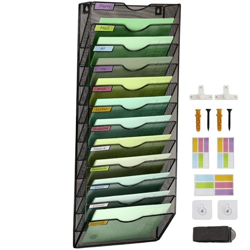 IOUGDSEC Organizador vertical de archivos de malla de 12 niveles, organizador de archivos de pared para oficina, escuela, hogar, juego de ganchos para etiquetas de nombre incluido